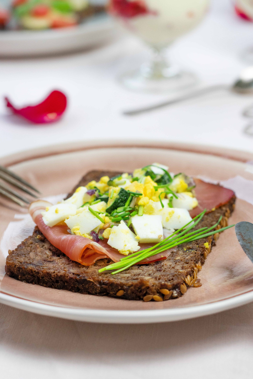 Mestemacher walnut protein bread with ham and egg salad Mestemacher